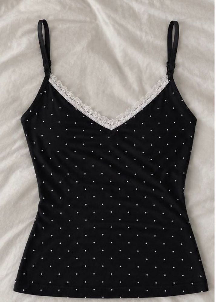 Black Polka Dot Cami with Lace Trim