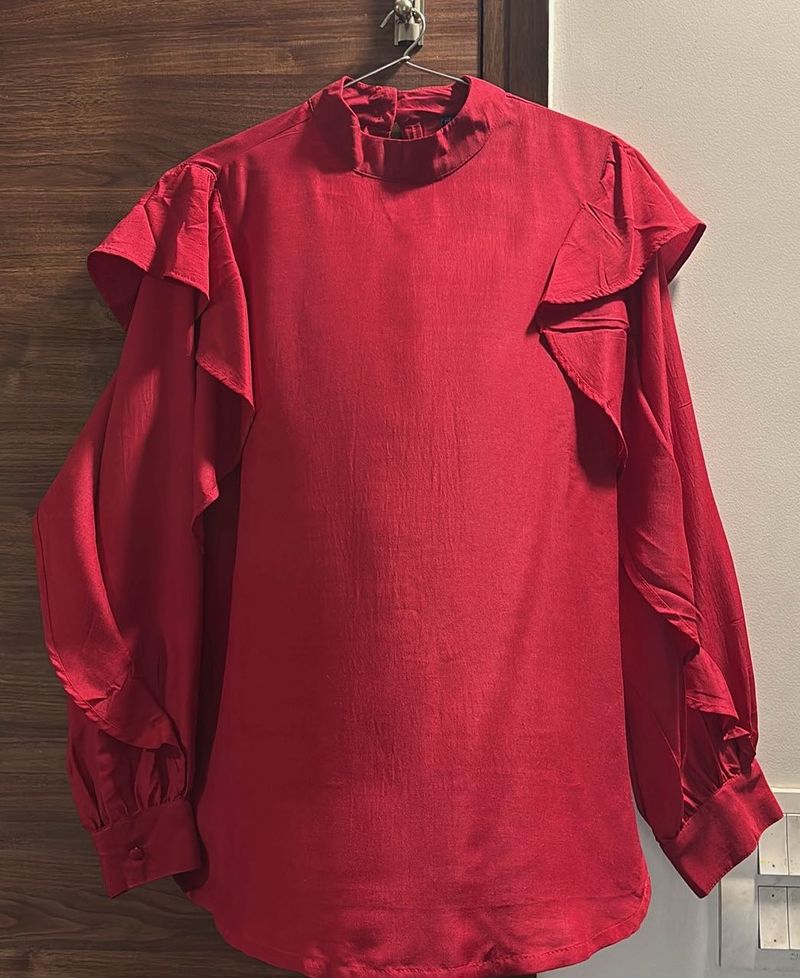 Chic Red Ruffle Sleeve Top