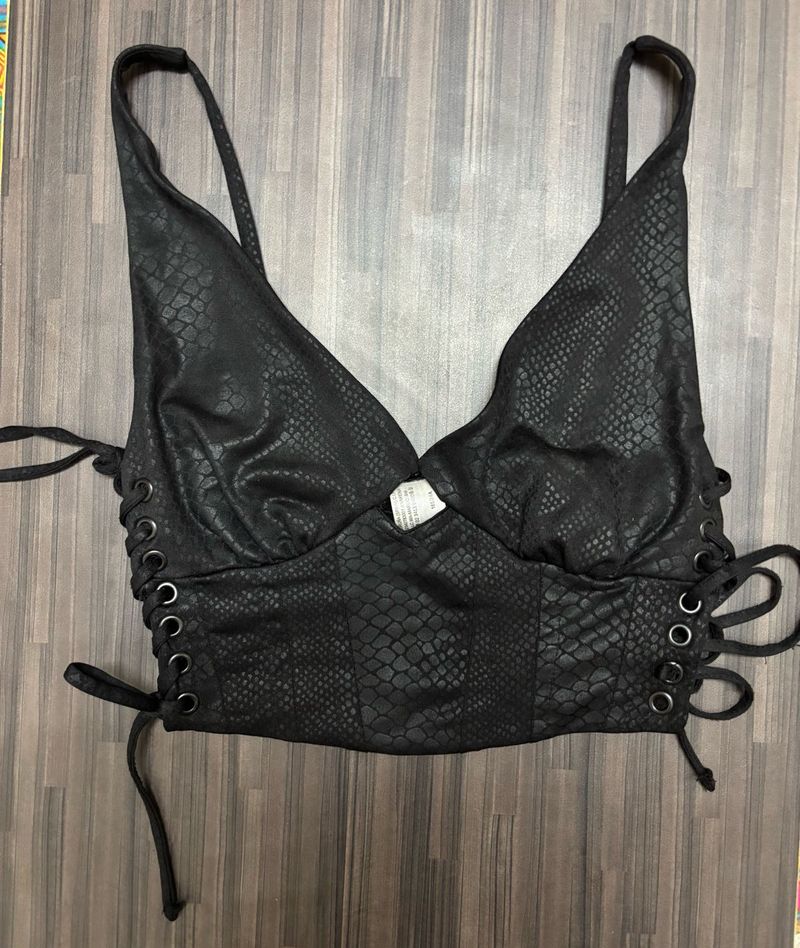 Bershka Black Snake Print Lace-Up Top