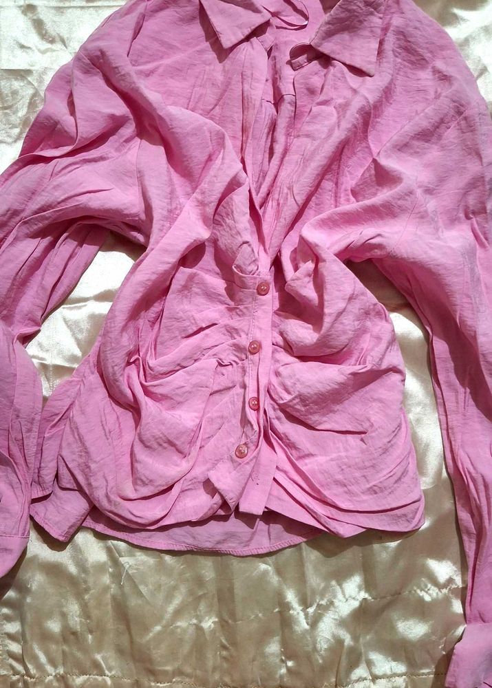 Pink Ruched Button-Up Shirt