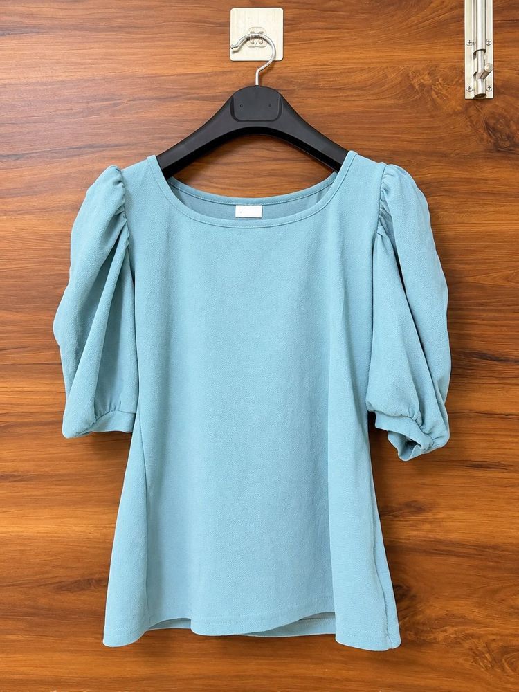 Pastel Blue Puff-Sleeve Top