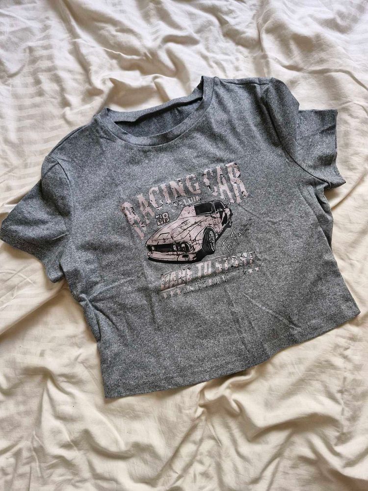 Grey "Racing Car" Graphic Crop Top