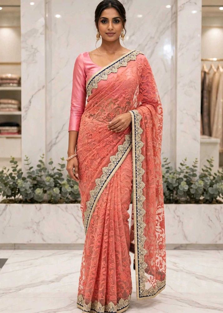 Stunning Peach Lace Saree with Embellished Border