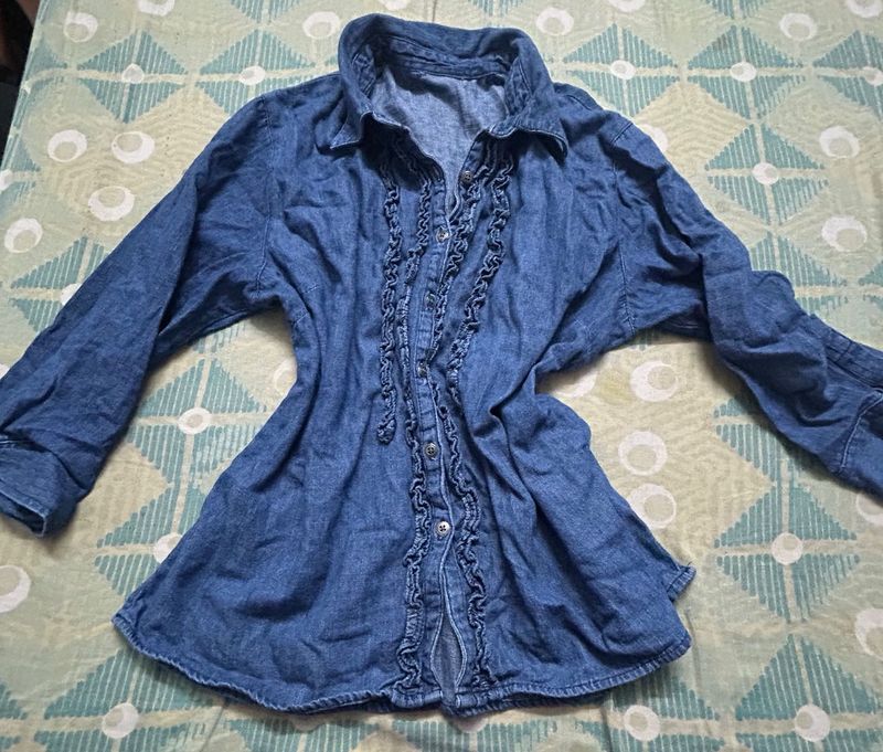 Blue Denim Ruffled Button-Down Shirt
