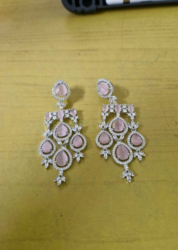 Elegant Zircon Pink Stone Dangle Earrings