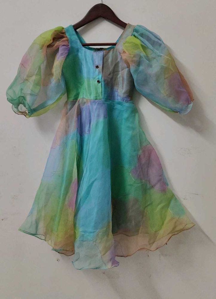Colorful Puff Sleeve Organza Dress