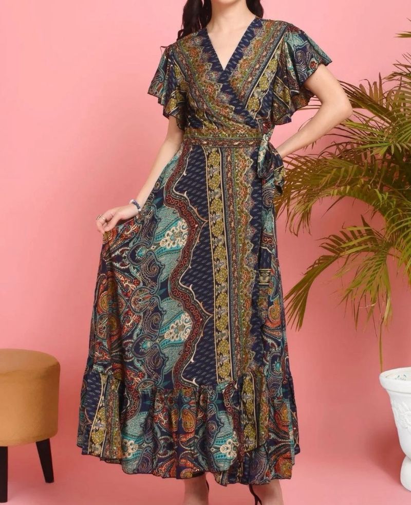 Paisley Print V-Neck Wrap A line dress