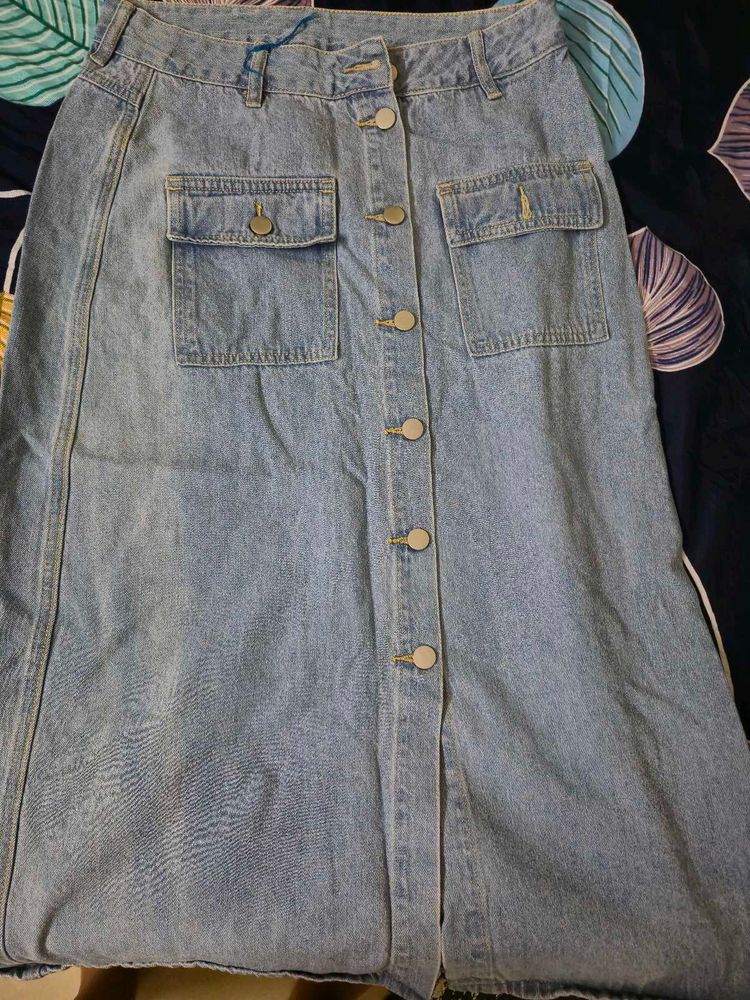 Light Wash Denim Button-Front Midi Skirt