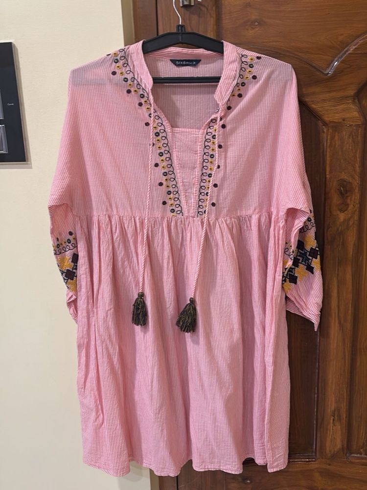 mast &amp; harbour Pink Striped Embroidered Kurta