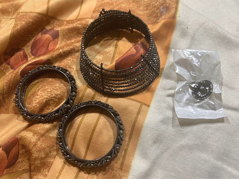 Oxidised Jewelry Set One Neck Piece, 1 Ring And T