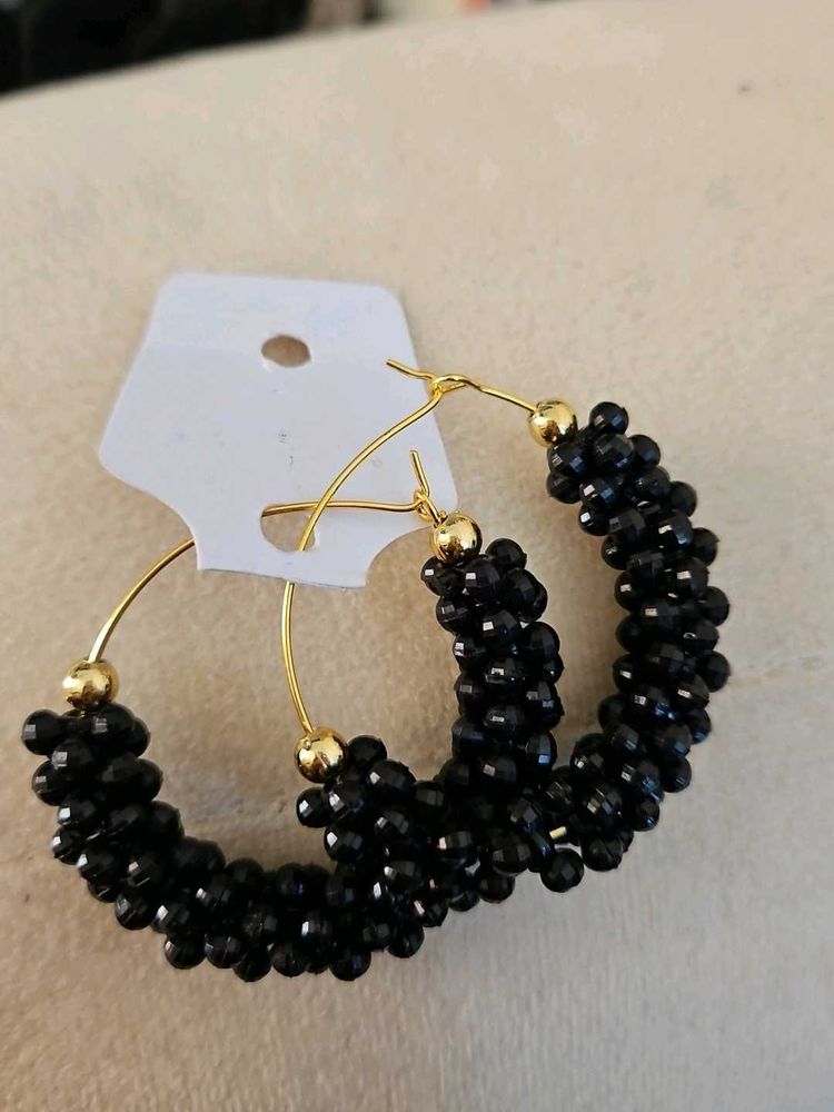 Black Beaded Hoop Earrings