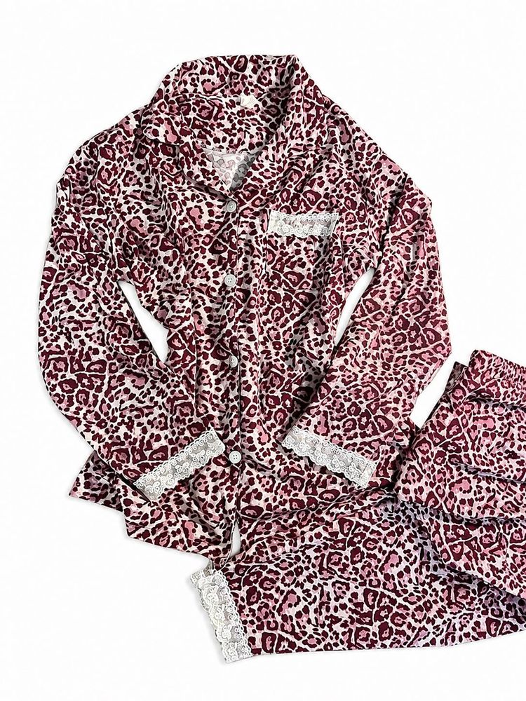 Pink leopard print lace loungewear co ord