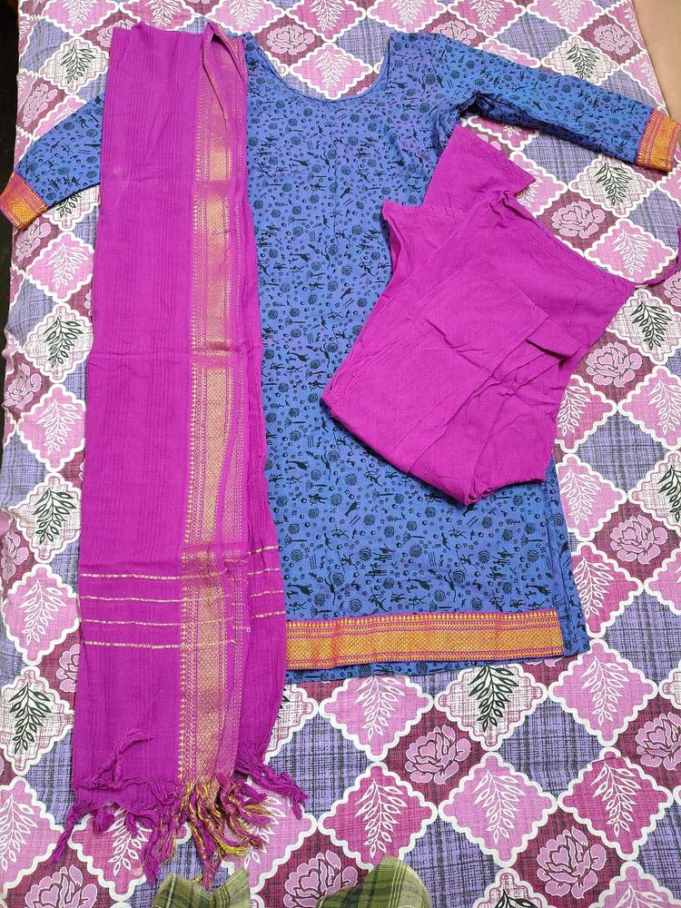 Blue Printed Kurta Set with Magenta Dupatta