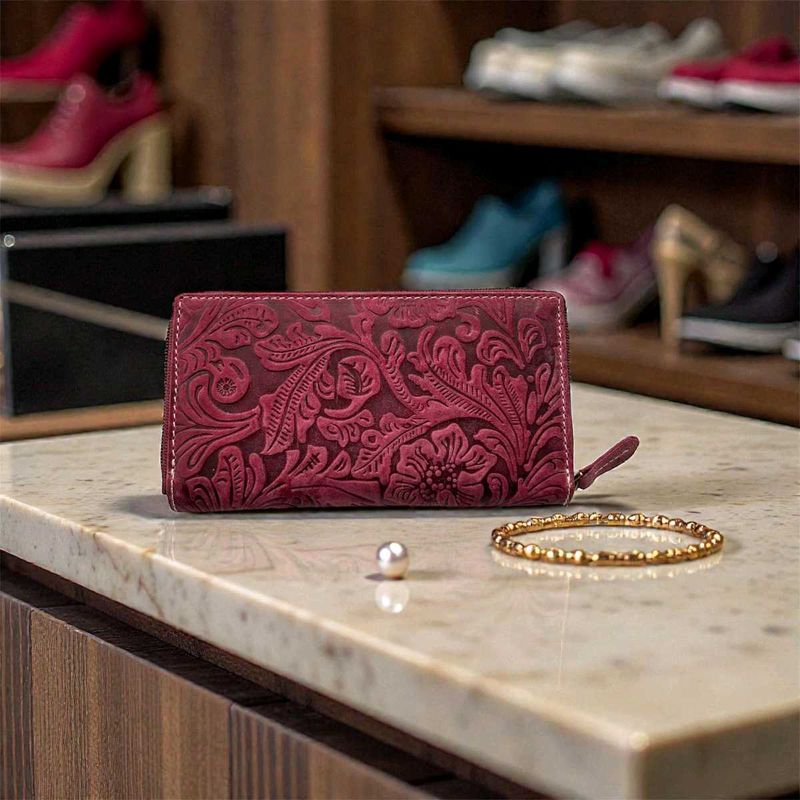 Floral Embossed Maroon Wallet
