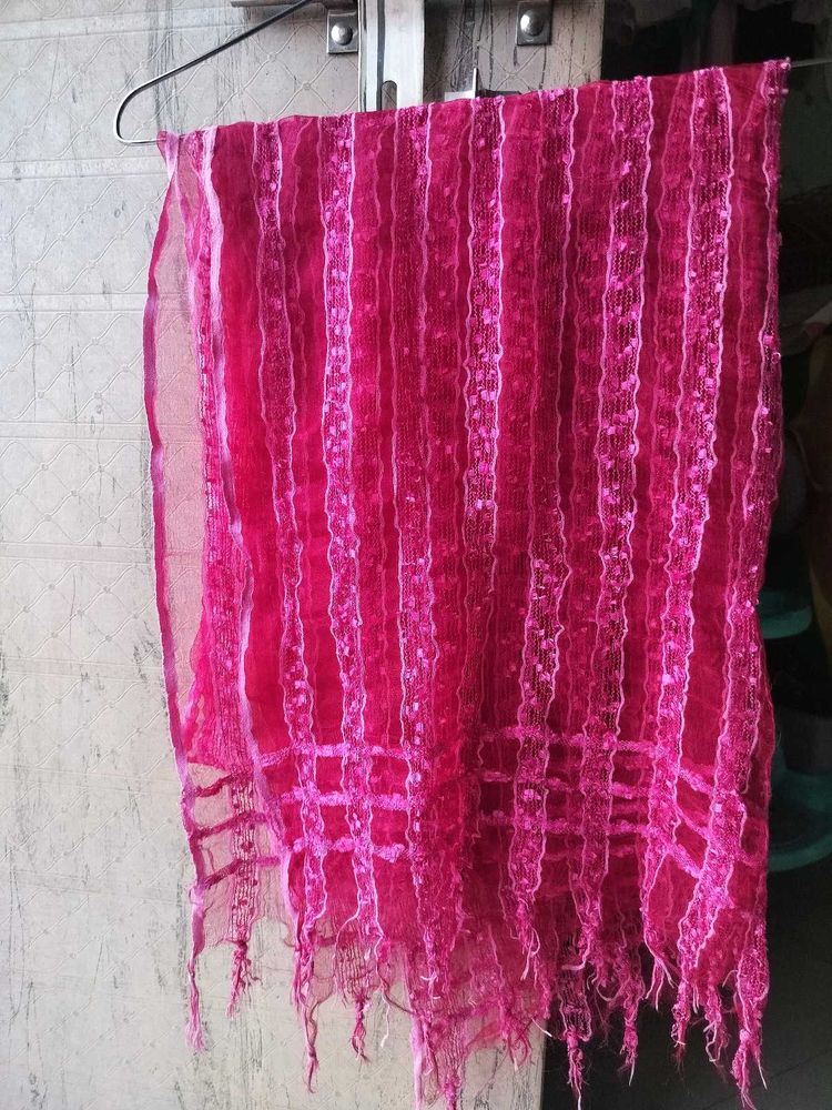 Rani Pink Tulle Dupatta with Lace Work and Fringe
