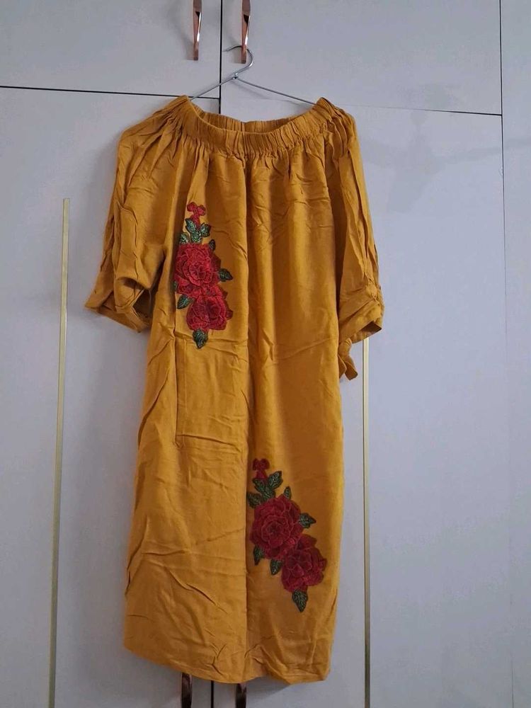 Mustard Yellow Off-Shoulder Embroidered Tunic Top