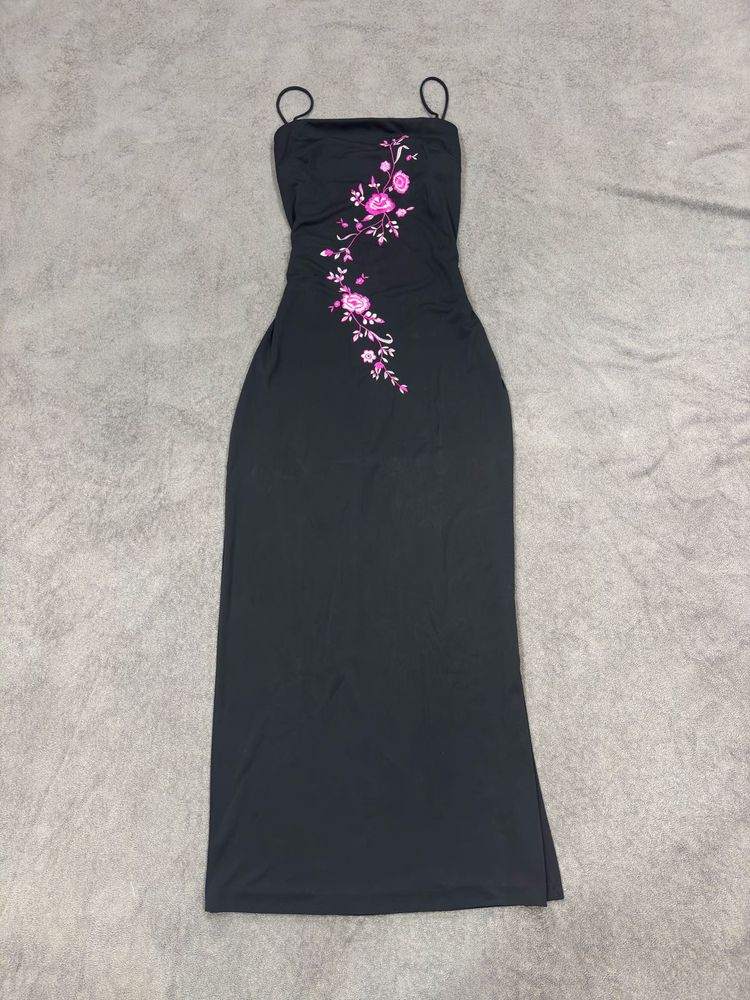 Black Embroidered Spaghetti Strap Dress