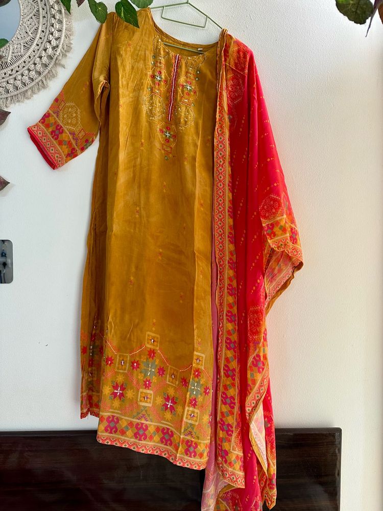 Mustard embroidery suit pant Set with Dupatta