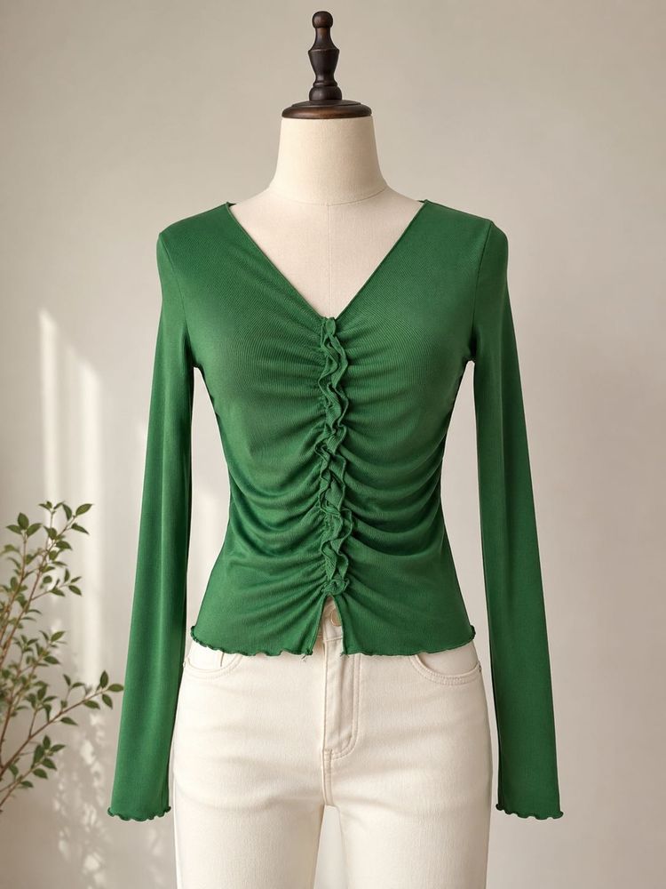 Green Ruched V-Neck Long Sleeve Top