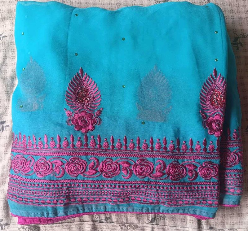 Set Of Beautiful Teal Saree with Pink Embroidery A