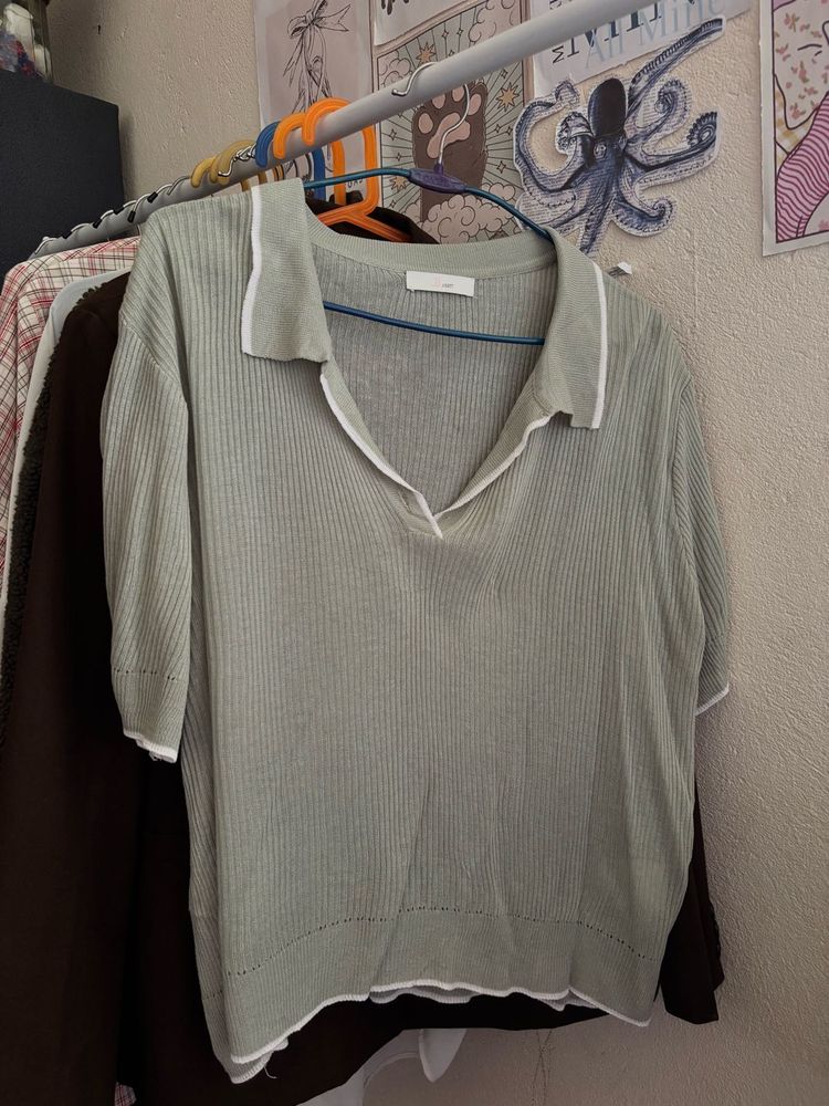 Sage Green Ribbed Polo Collar Top