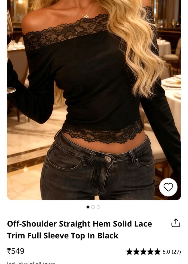 sale🚨Black Off-Shoulder Lace Trim Top