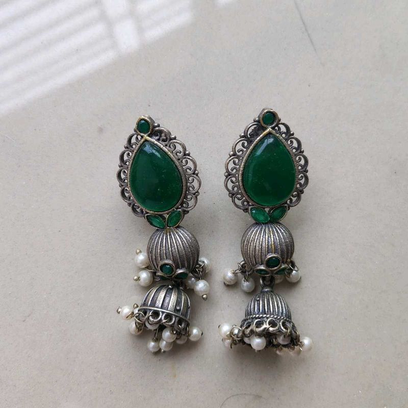 Green Stone Replica Jhumka Earrings