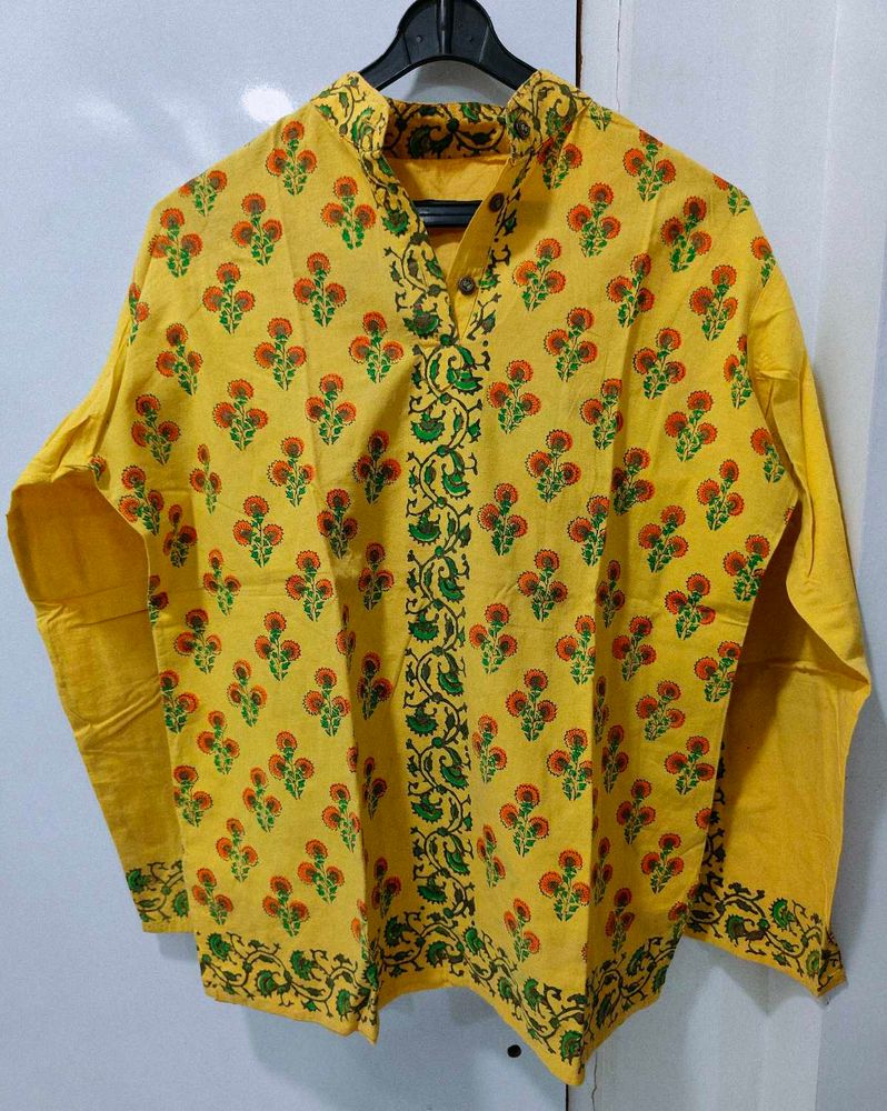 Yellow Printed Short Cotton Kurti