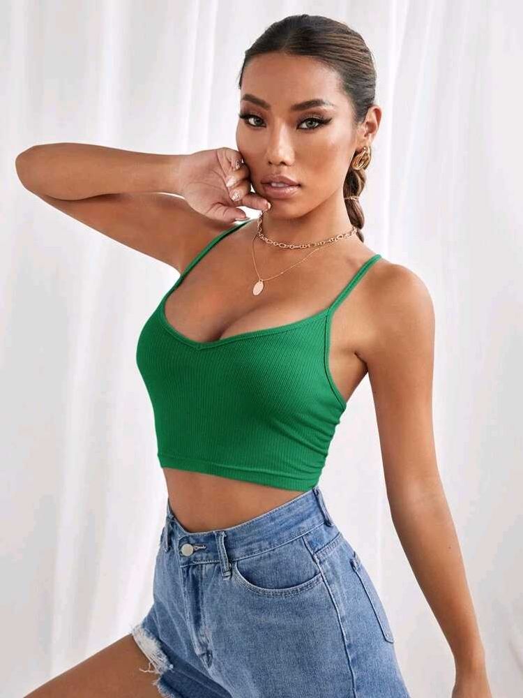 Stylish Green Ribbed Crop Top