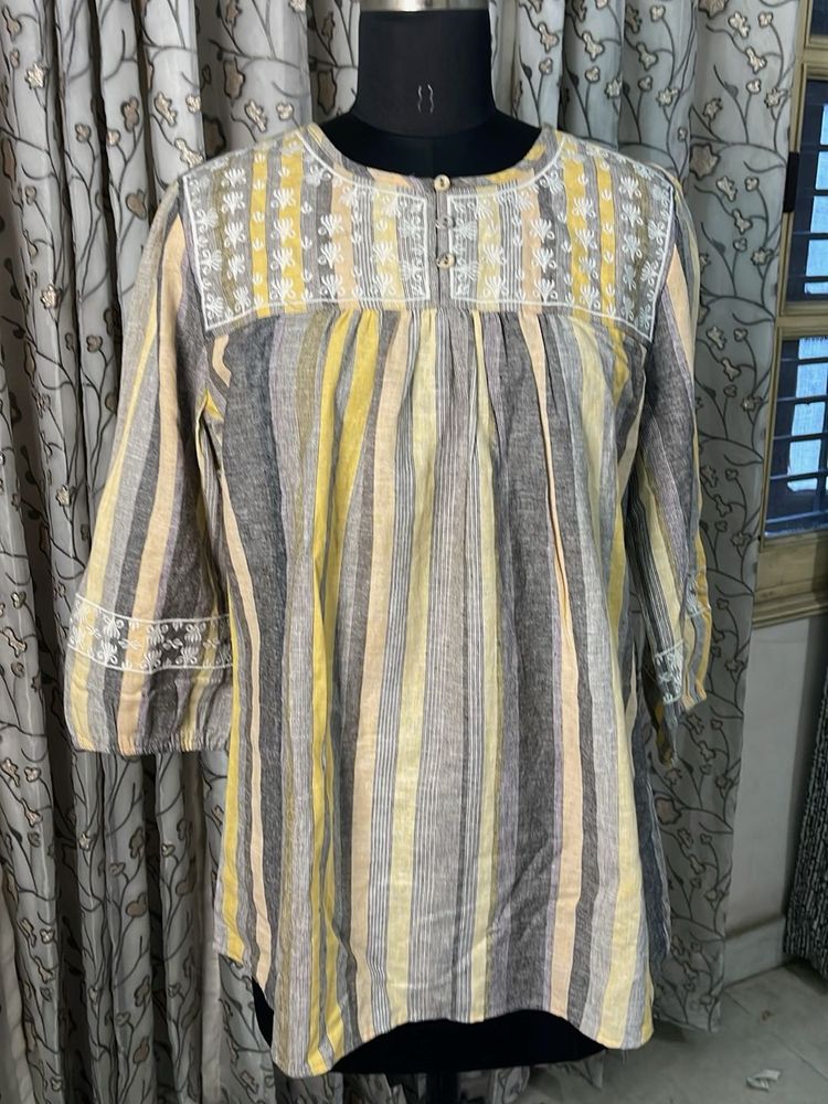 Striped Cotton Kurta with Embroidered Yoke