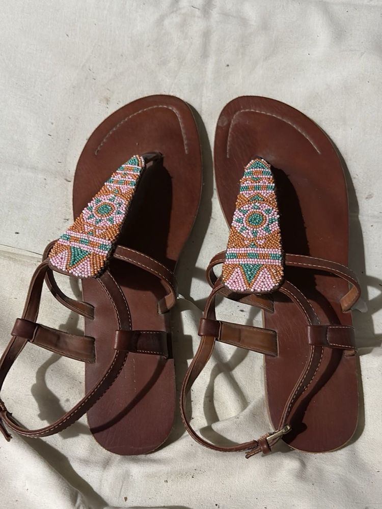 Beaded Brown Leather T-Strap Sandals
