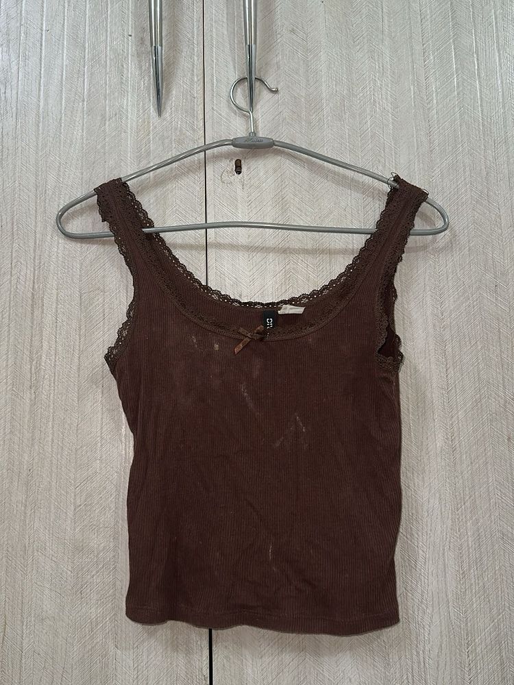 Brown Lace Trim Tank Top