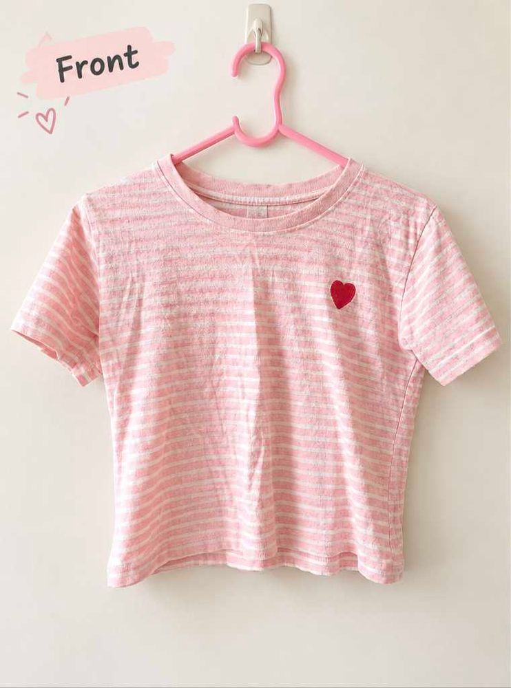 Pink &amp; White Striped Crop Top with Heart Detail