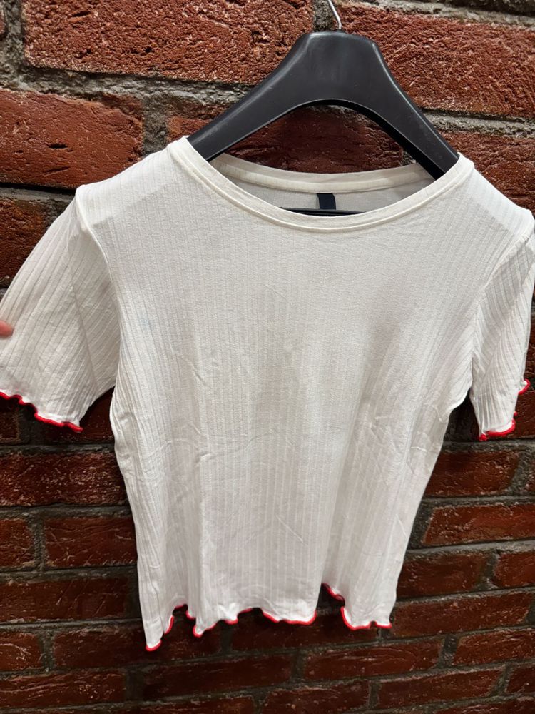 Ribbed White Tee with Red Trim