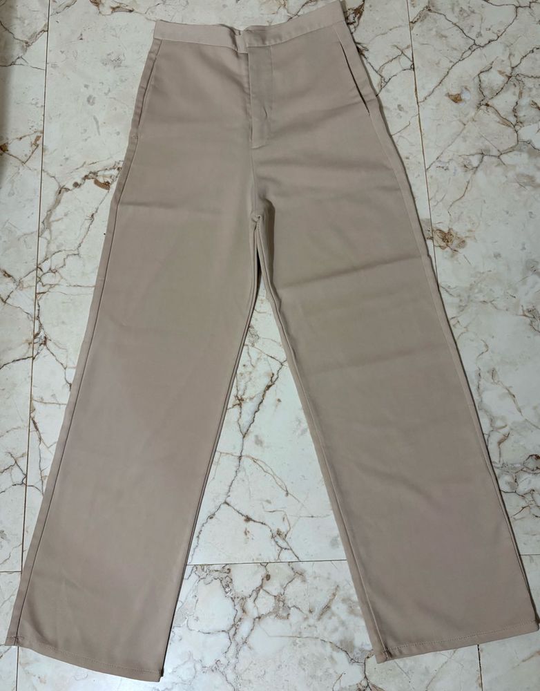 Beige Wide Leg Trousers