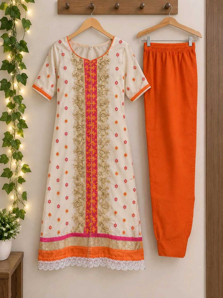 Embroidered Cream Kurta with Orange Pants