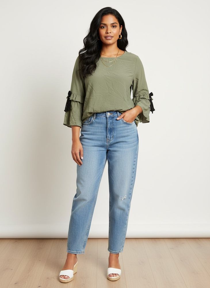 Olive Green Top with Bow Detail on sleeves