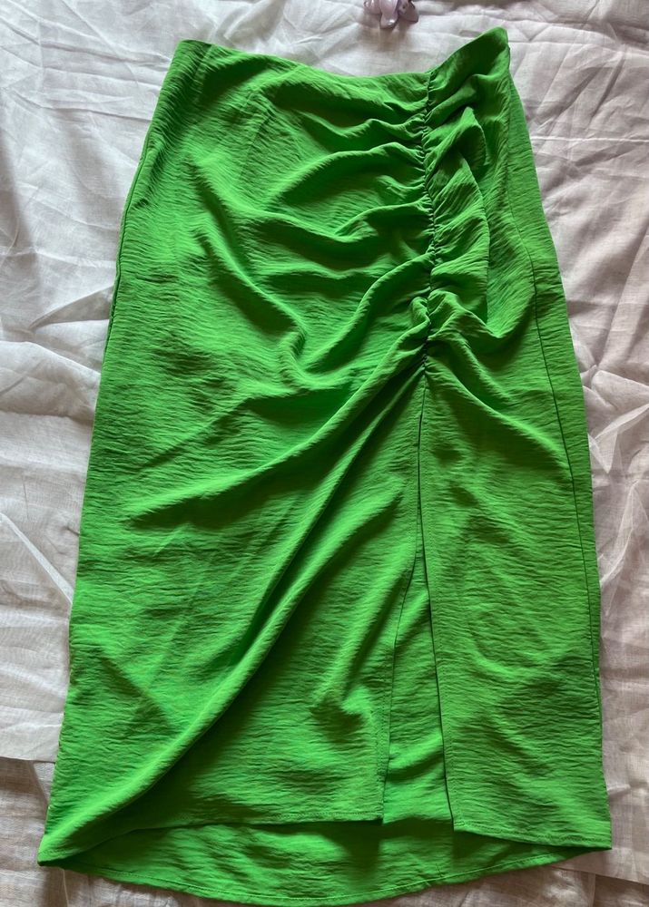 Lime Green Ruched Midi Skirt