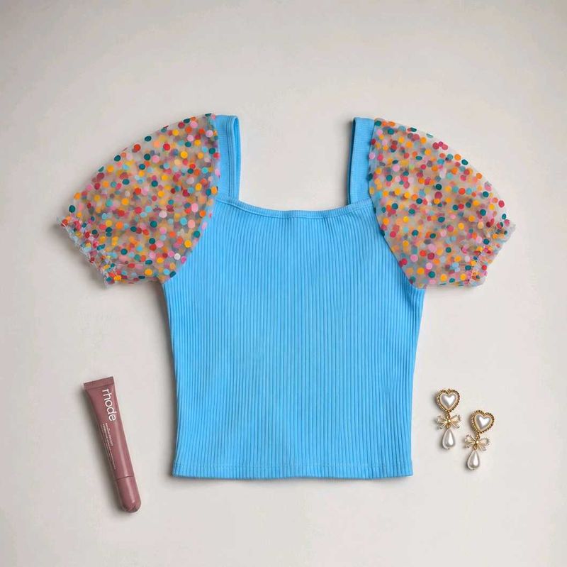 Blue Ribbed Crop Top