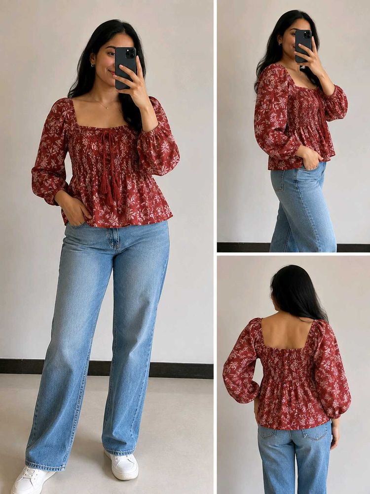 vintage Smocked Floral Print Top