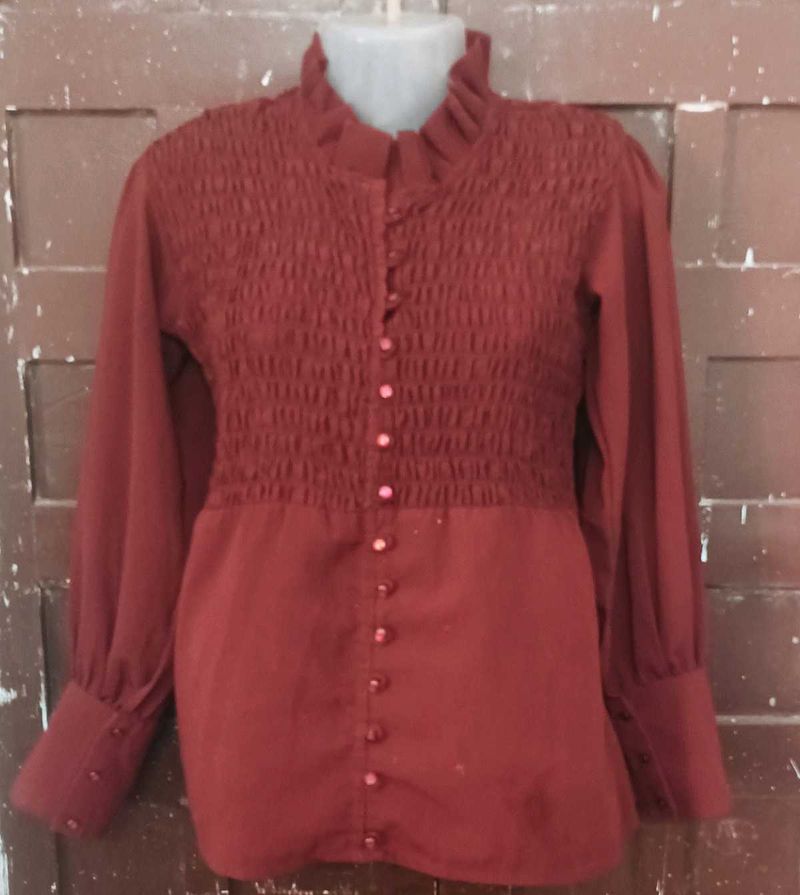 Maroon Smocked Neck Long Sleeve Top