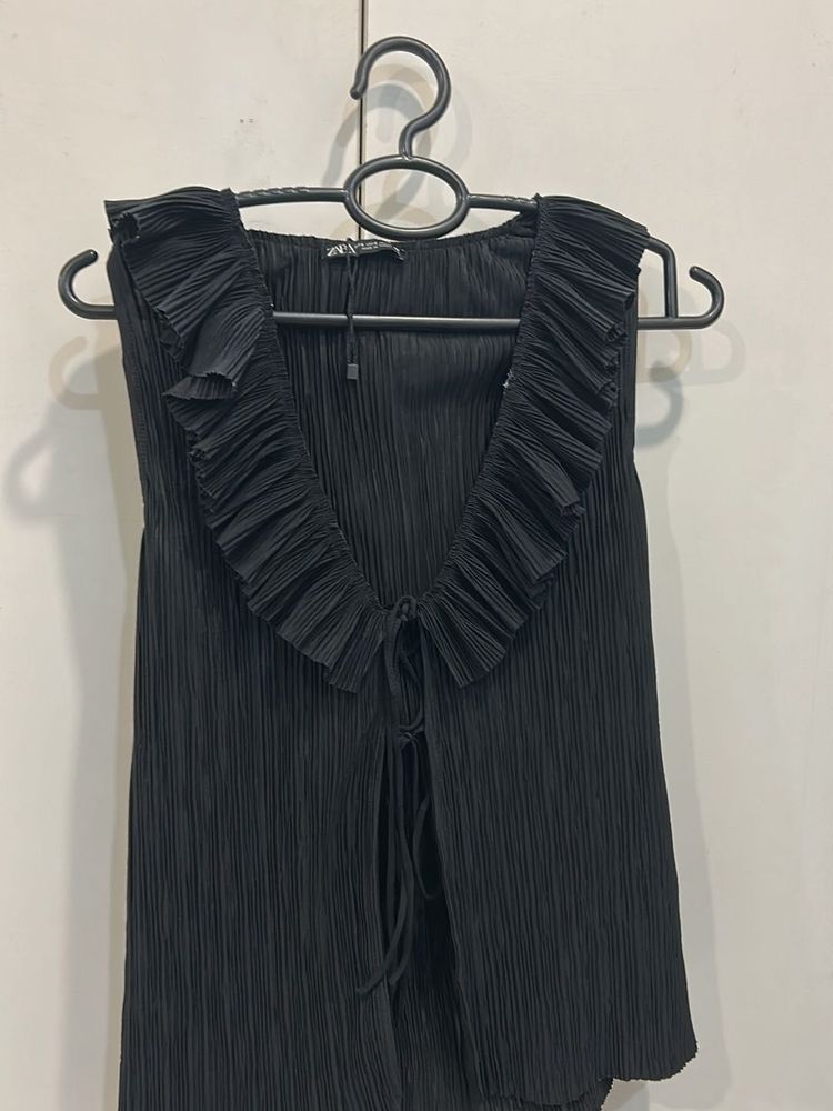 Zara Black Pleated Top with Ruffle Neckline