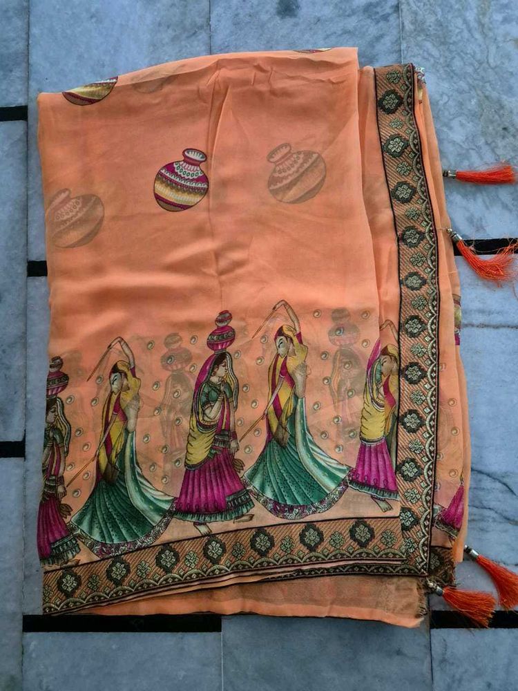 Beautiful Printed Orange Saree