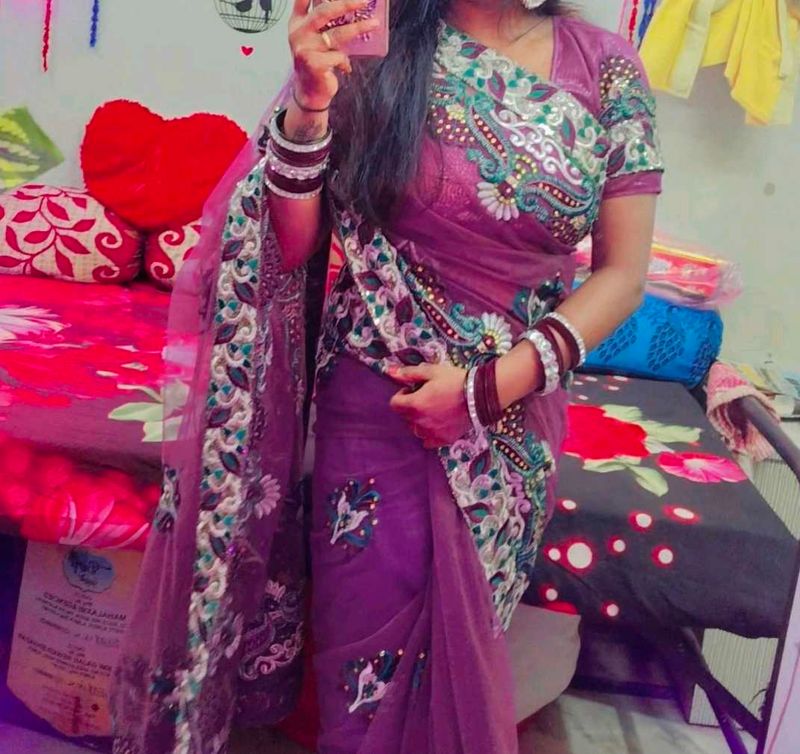 Beautiful Purple Embroidered Saree