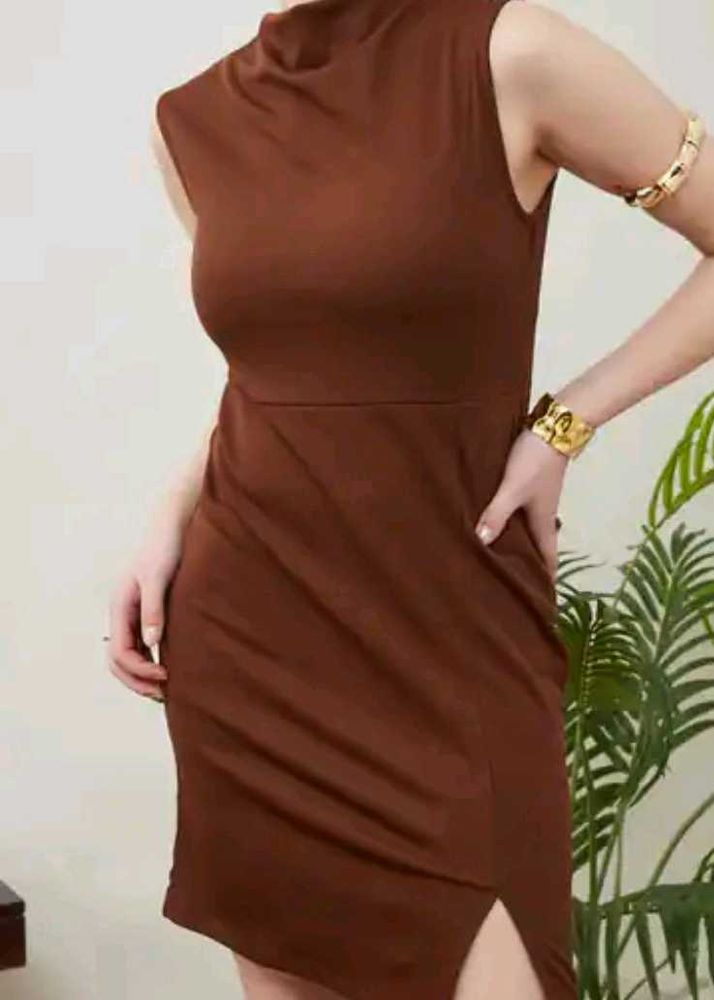 Elegant Brown Mock Neck Dress