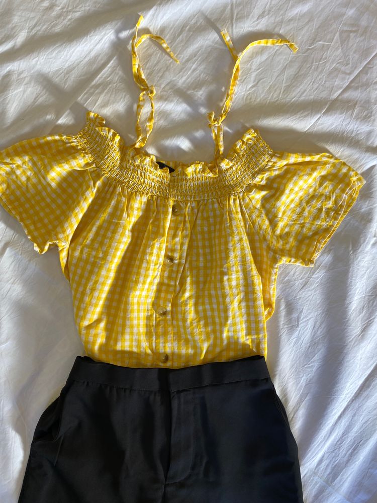 Yellow Gingham Off Shoulder Top
