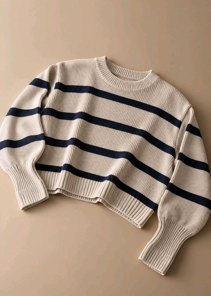 CREAM &amp; BLACK STRIPED RIBBED CREWNECK SWEATER