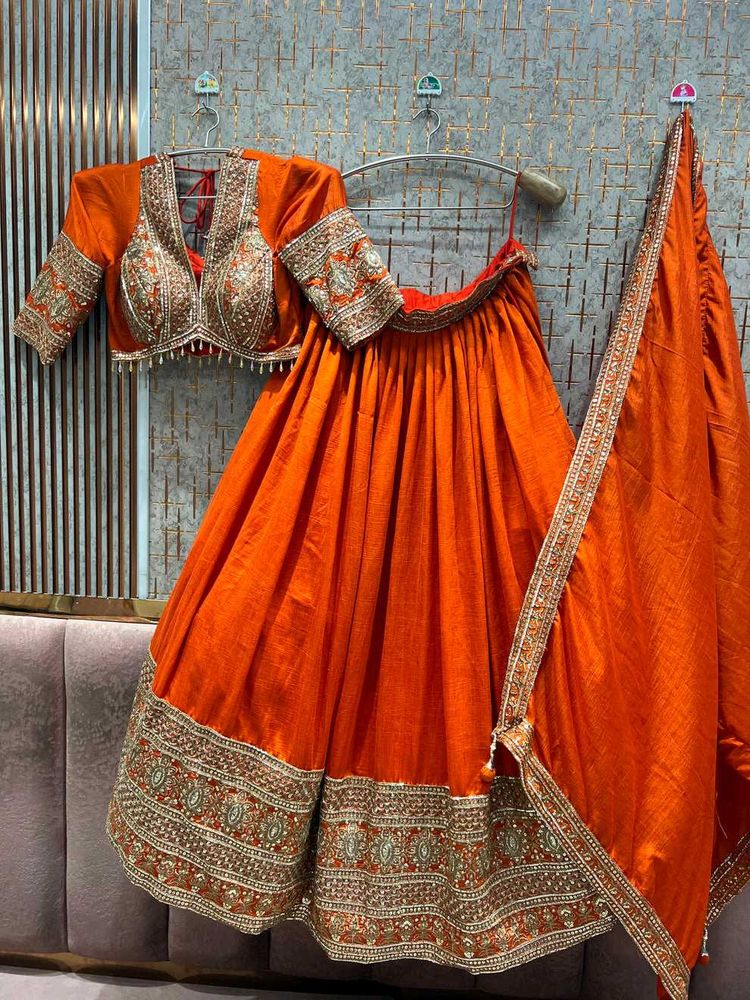 Stunning Orange Embroidered Lehenga Choli Set