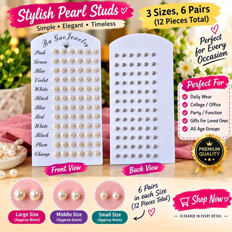 Pearl Stud Earrings – 12 Pairs (24 Pieces)