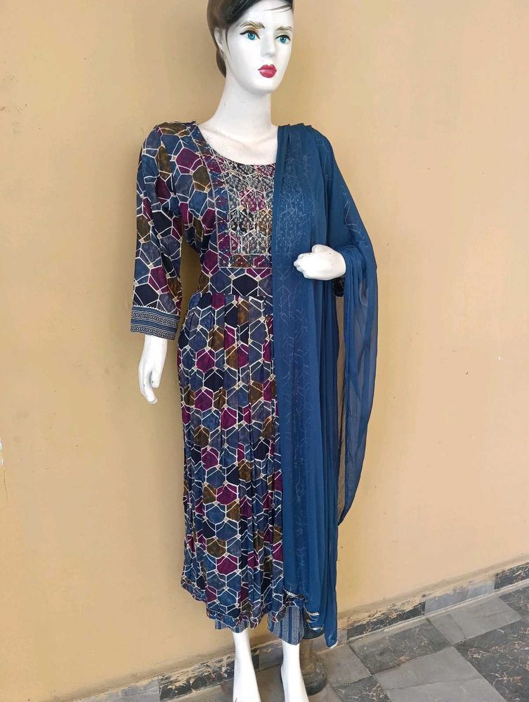 Stylish Geometric Print Kurta Set with Dupatta